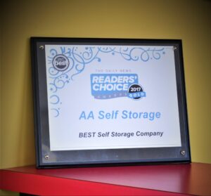 2017 Readers’ Choice Gold Award plaque for AA Self Storage as Best Self Storage Company in Jacksonville NC